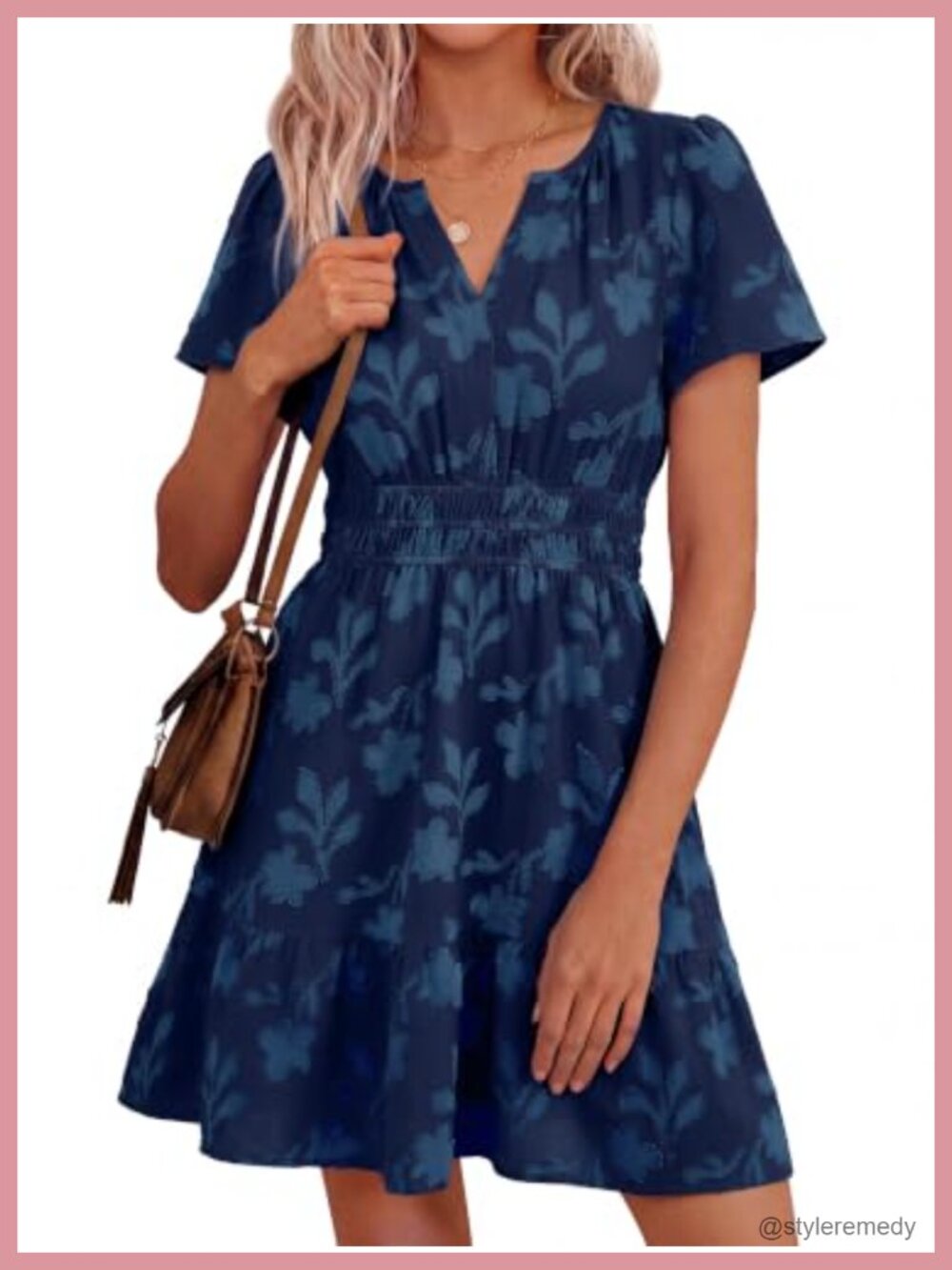 Simplee Floral Short Sleeve V Neck Empire Waist A Line Mini Dress with Pockets